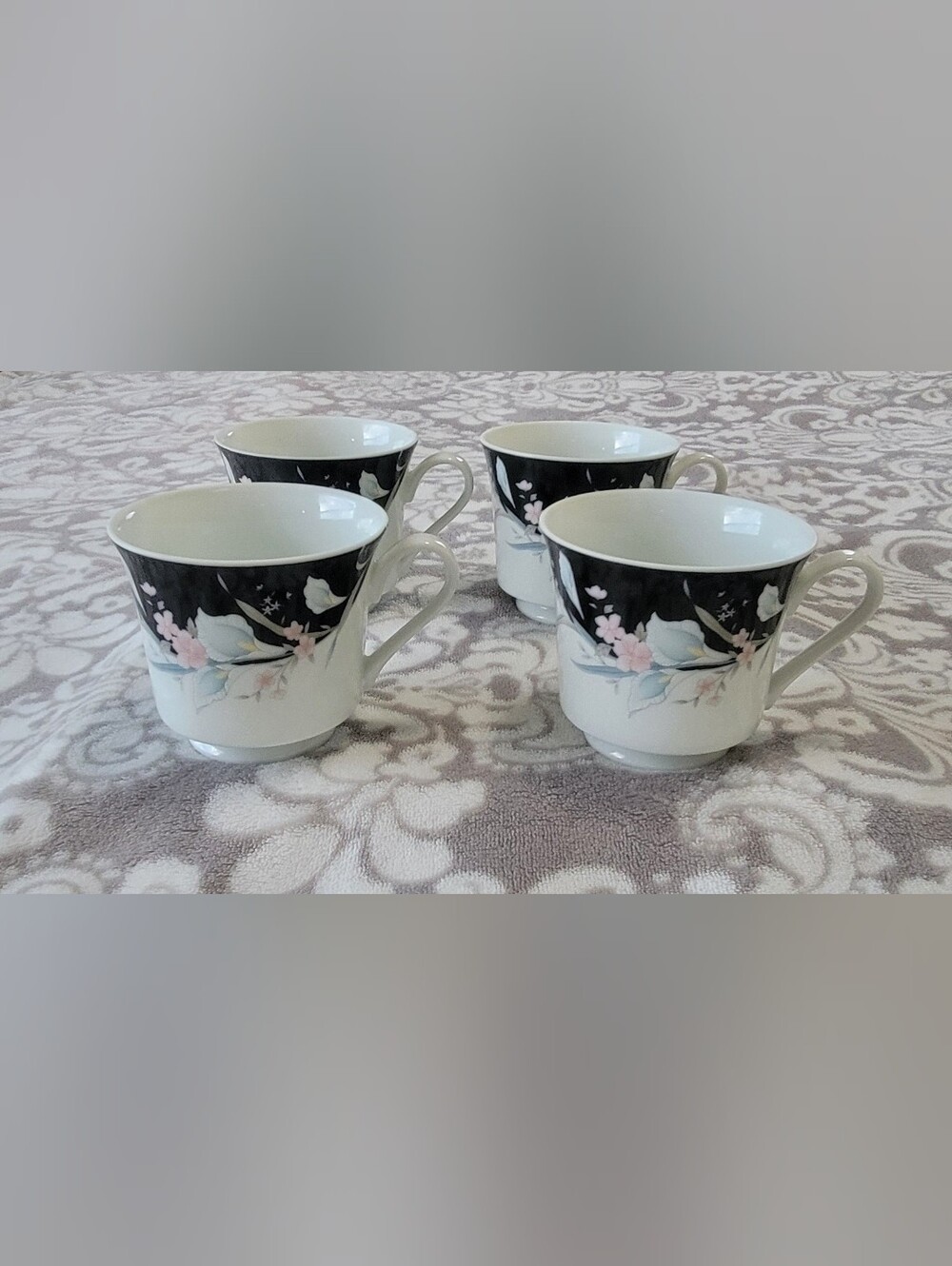 Fine China Rhapsody Porcelain Tea Cups with Black and Pink Floral Design